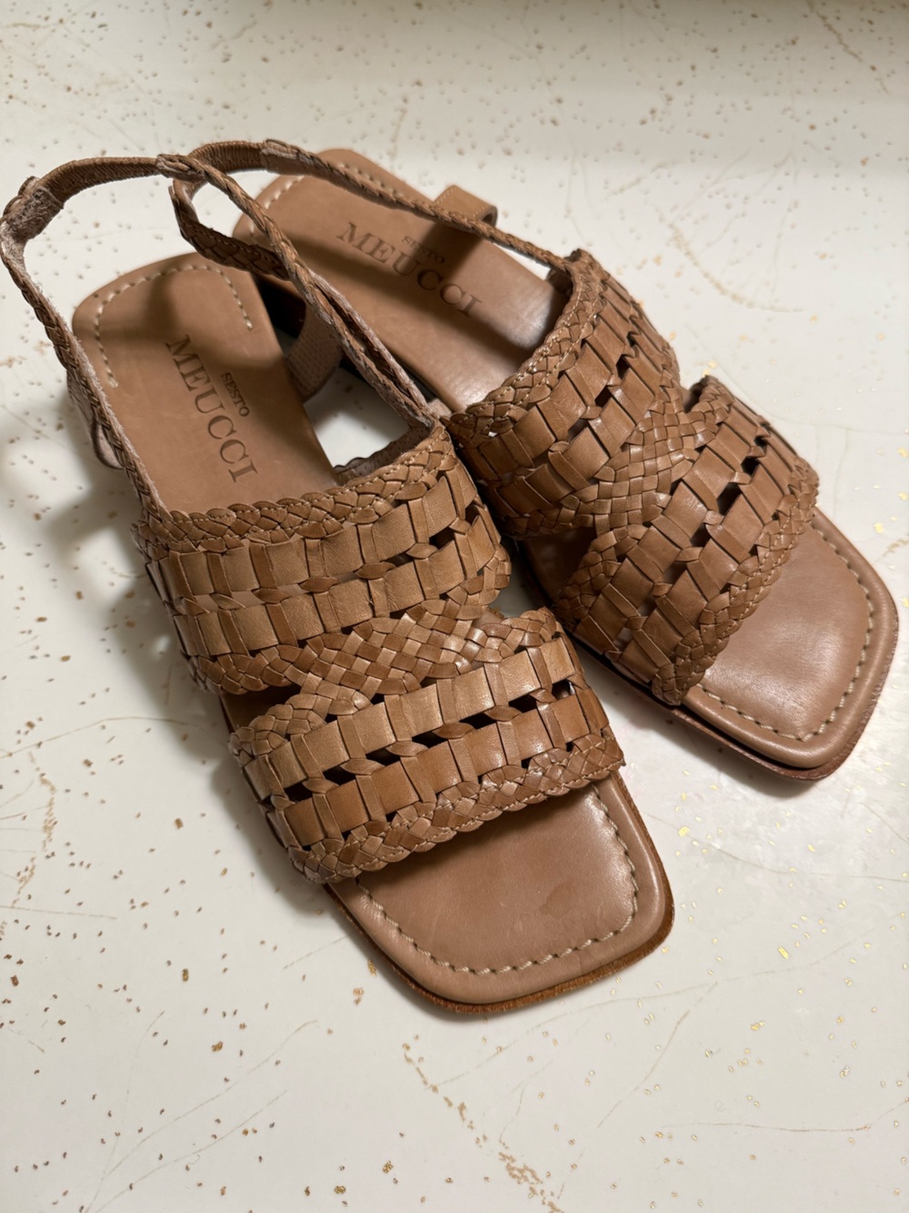 Sesto Meucci Cream Tan Woven Leather Flats Sandal Slingback Square Toe Size 6 M